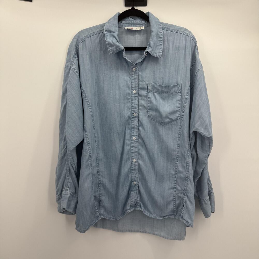 Vineyard Vines Shirt Womens 16 Blue Chambray Tencel Button Down Pocket Oversized